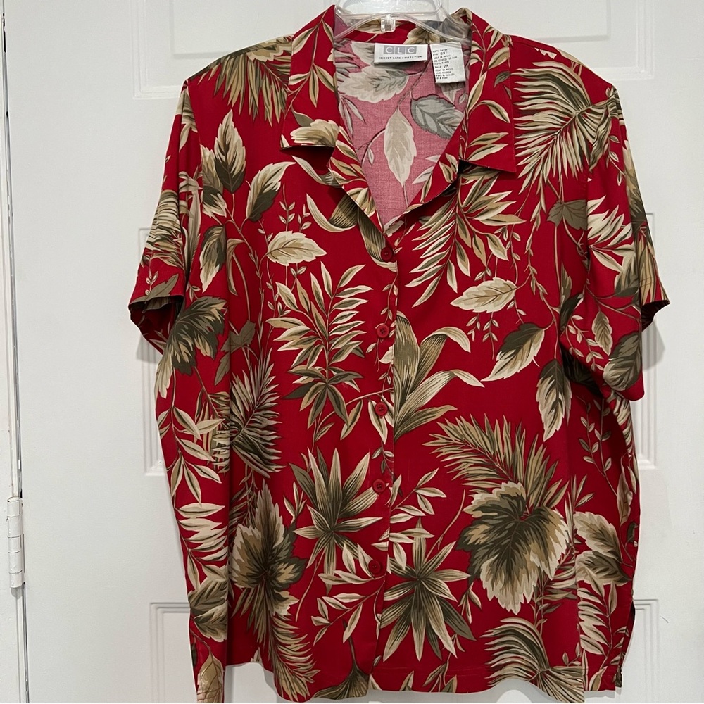 CLC Vintage Hawaiian Camp Shirt Button -Up 100% Rayon Tropical Leaves Print